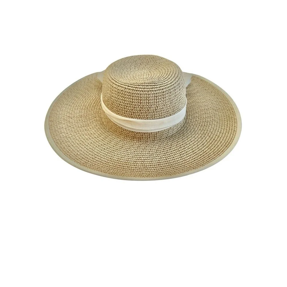 O’Ryan Wide Brim Straw Sun Hat Cream Ribbon Bow Open Back Boho Festival OS
